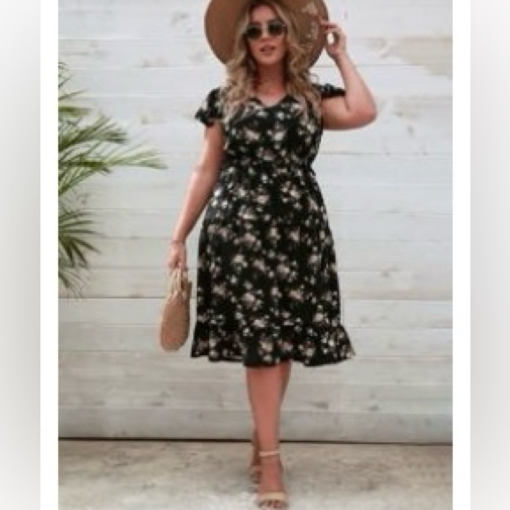 SHEIN Black Floral Midi Dress